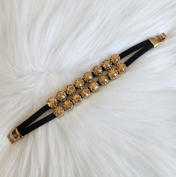 Black leather bracelet with brown crystals - Picture 1 of 3